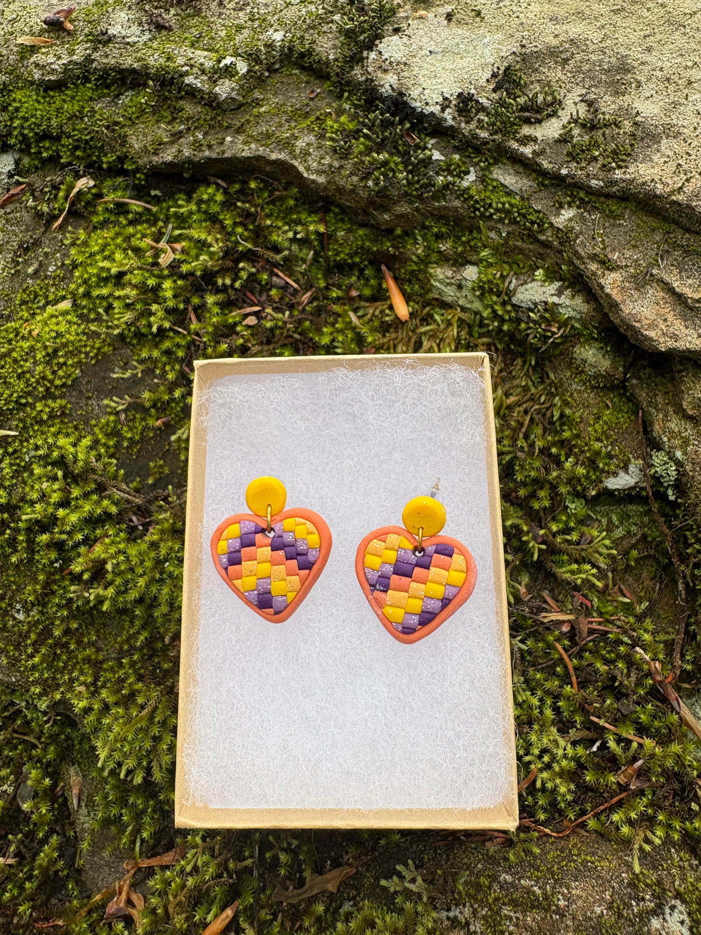Handmade Heart-Shaped Dangle Stud Earrings – Yellow, Purple & Orange | Bright, Playful & Unique